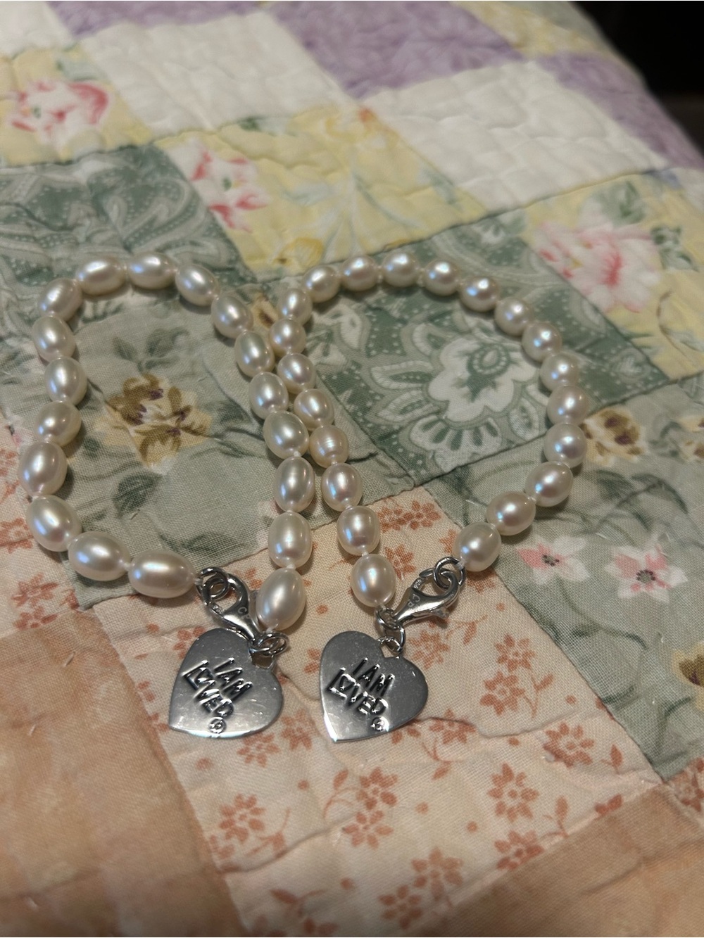 Two Pearl Beaded Bracelets with Silver Heart Charm - White
